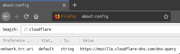The about:config page which shows the Cloudflare DNS address in the network.trr.uri string.